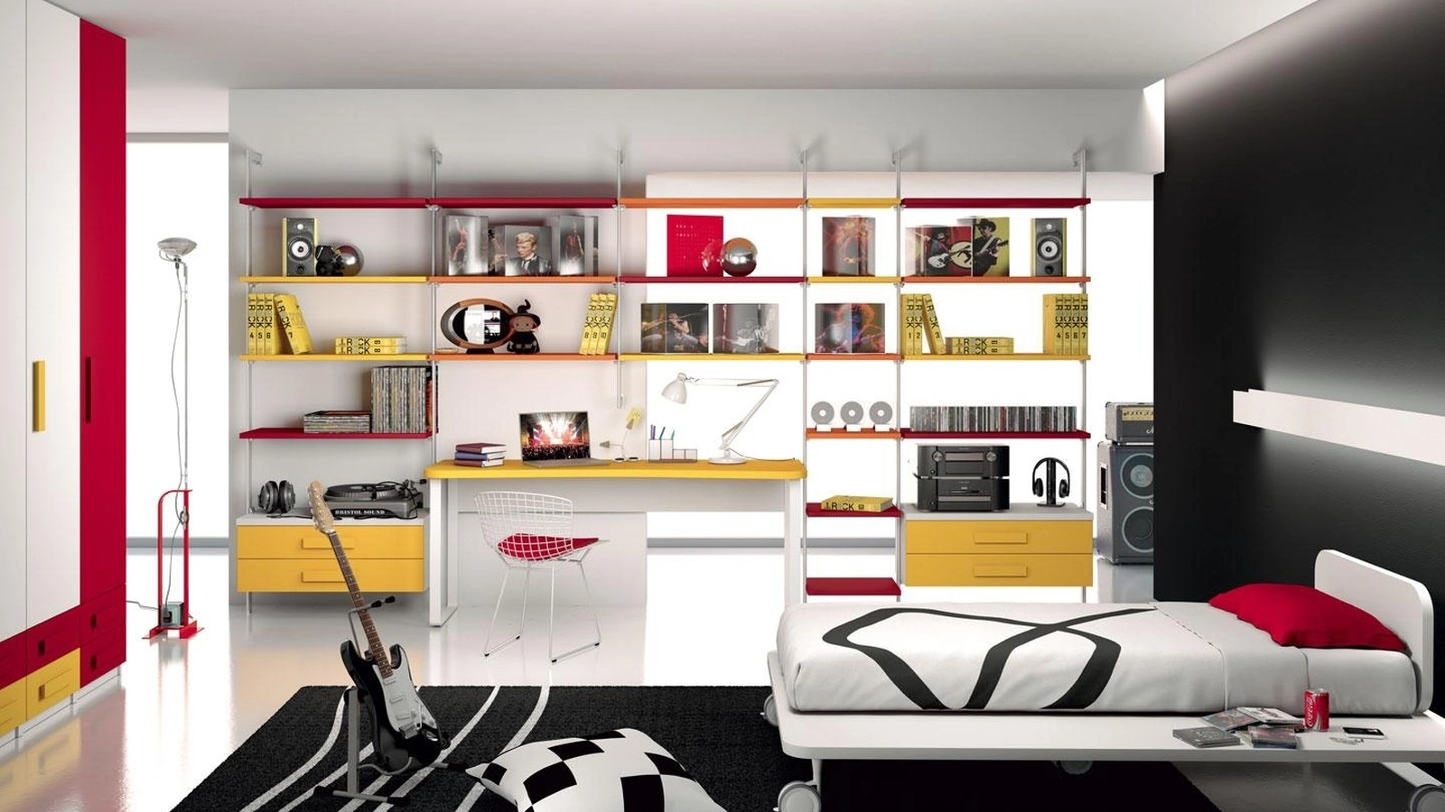 Cameretta componibile con letto ad una piazza e mezza su ruote e grande libreria declinata con ripiani, cassettiere e piano scrivania sagomato Andrea di Imamobili