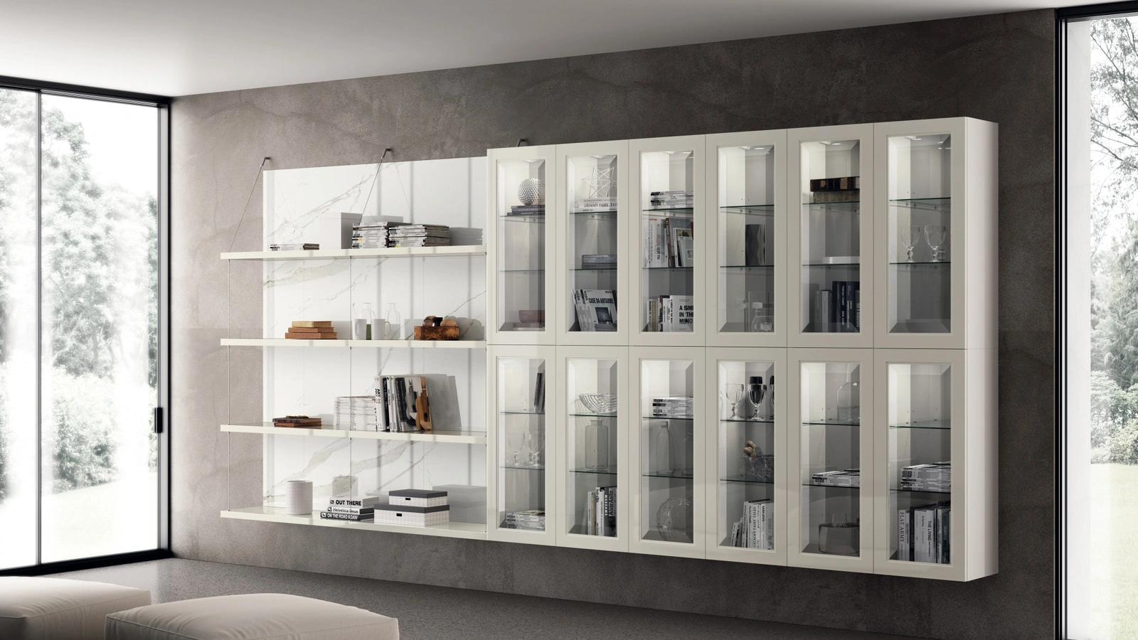 Libreria Living Exclusiva in laccato lucido Bianco Prestige di Scavolini