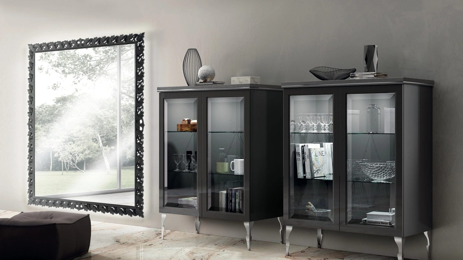 Madia Living Exclusiva 05 in laccato lucido Grigio Ferro con ante in vetro di Scavolini