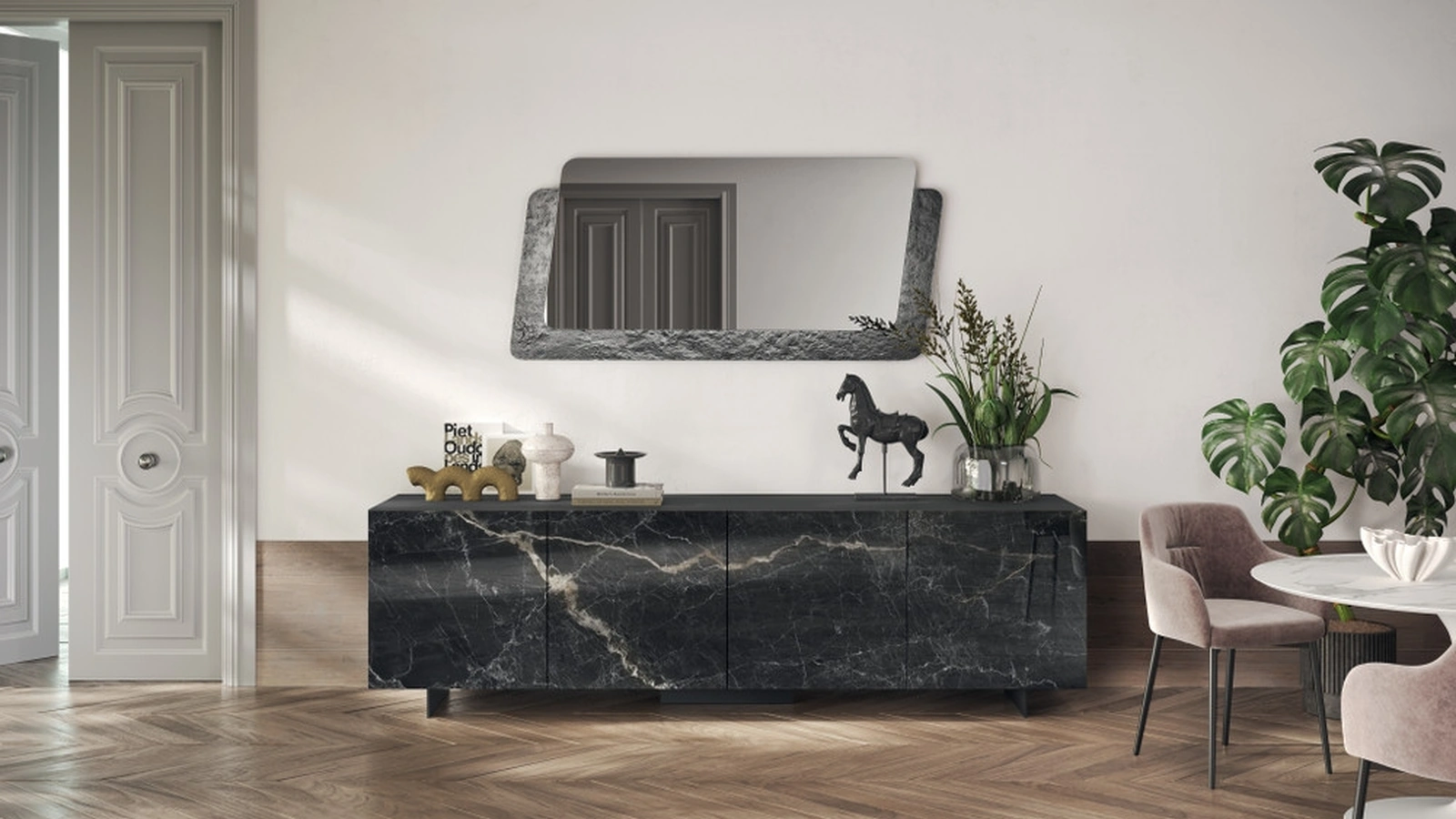 Madia Sideboard 04 in finitura marmo nero di Scavolini
