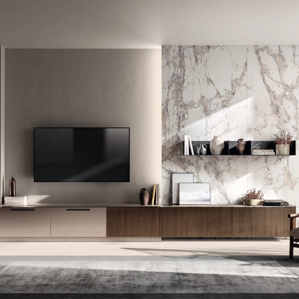 Parete Attrezzata Living Musa 01 in Rovere Pecan e laccato opaco di Scavolini