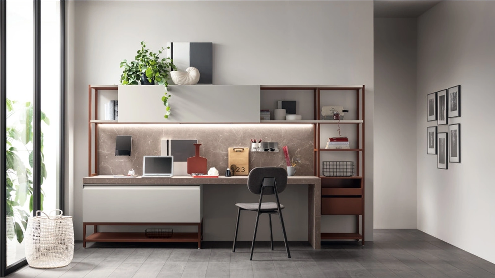Parete Attrezzata Living Formalia 04 in laccato opaco Pet Pioggia e Ruggine di Scavolini
