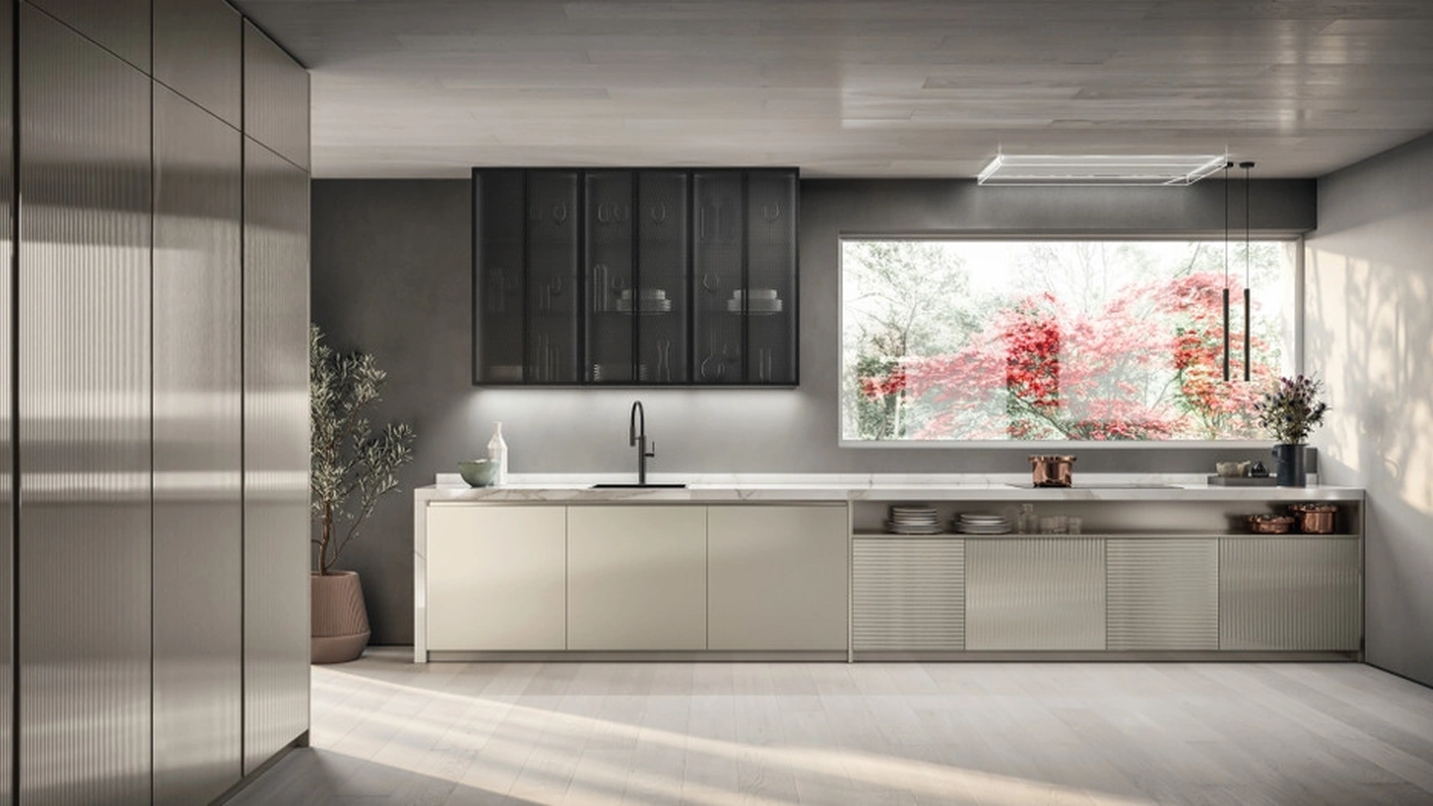 Cucina Moderna lineare Libra 03 in vetro opaco rigato e liscio Perlage di Scavolini
