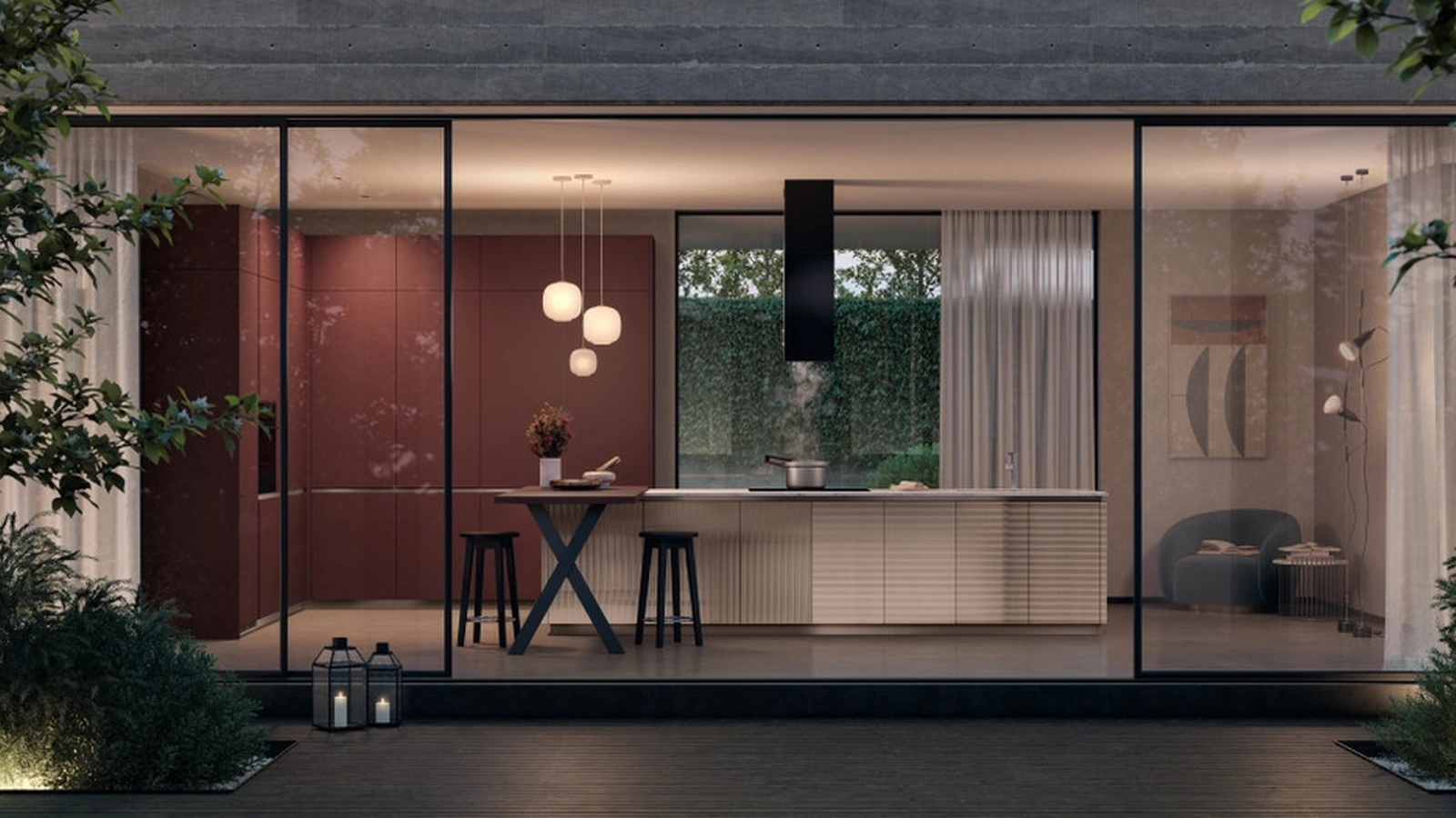 Cucina Moderna Lumina 03 in vetro dogato Pas Dosé e Fenix Rosso Jaipur di Scavolini