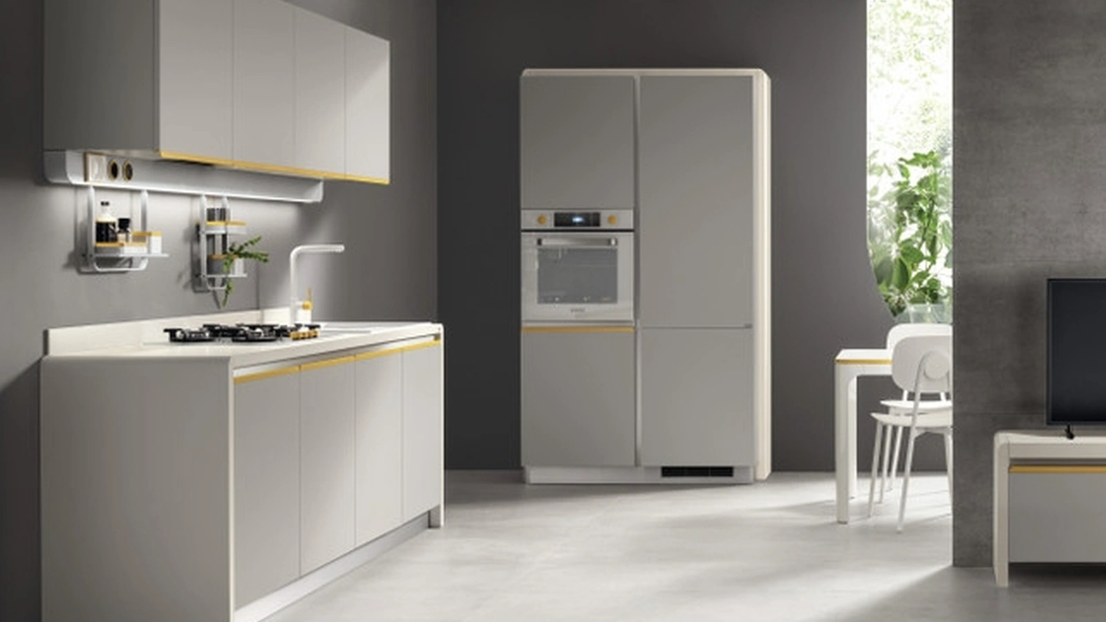 Cucina Moderna Dandy Plus 02 Grigio con maniglia Giallo Senape di Scavolini
