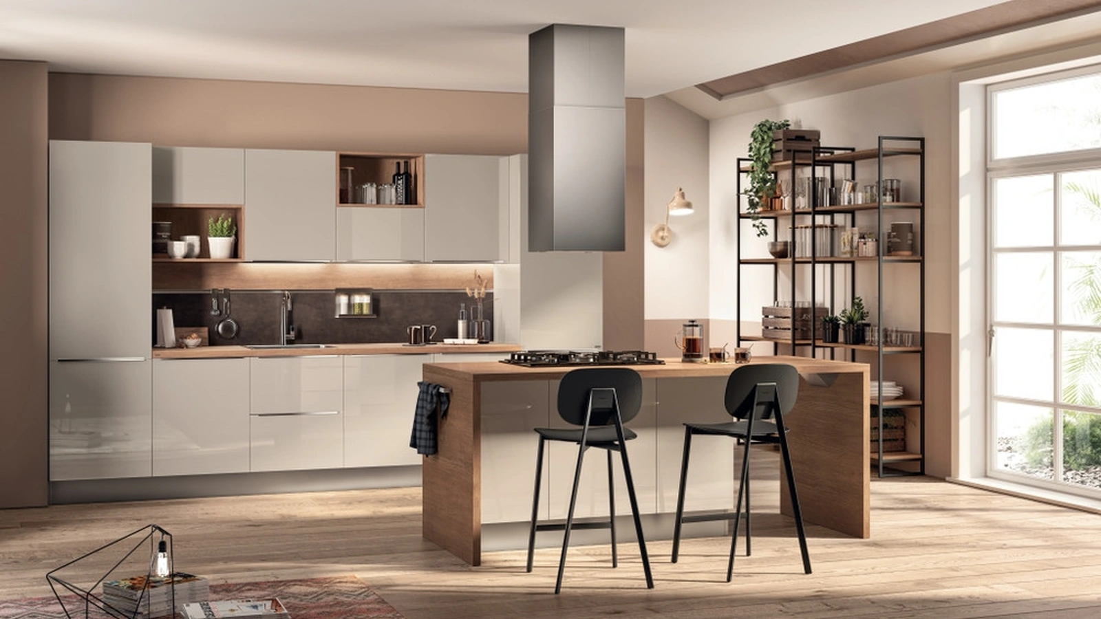 Cucina Moderna con isola Urban & Urban 01 in laccato lucido Sabbia con top in laminato Rovere Land di Scavolini