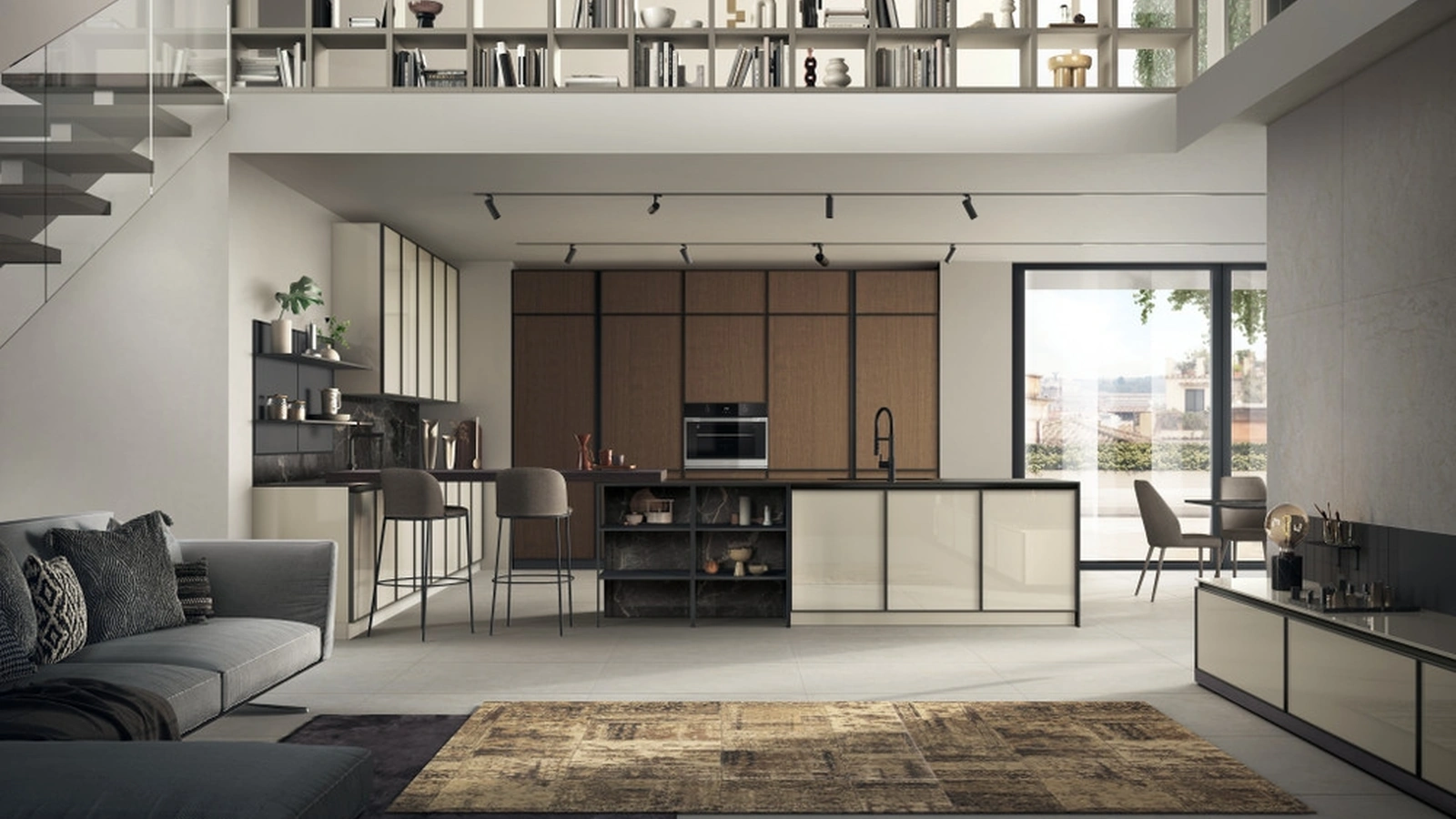 Cucina su misura Jeometrica 01 in vetro lucido Tortora e Rovere di Scavolini