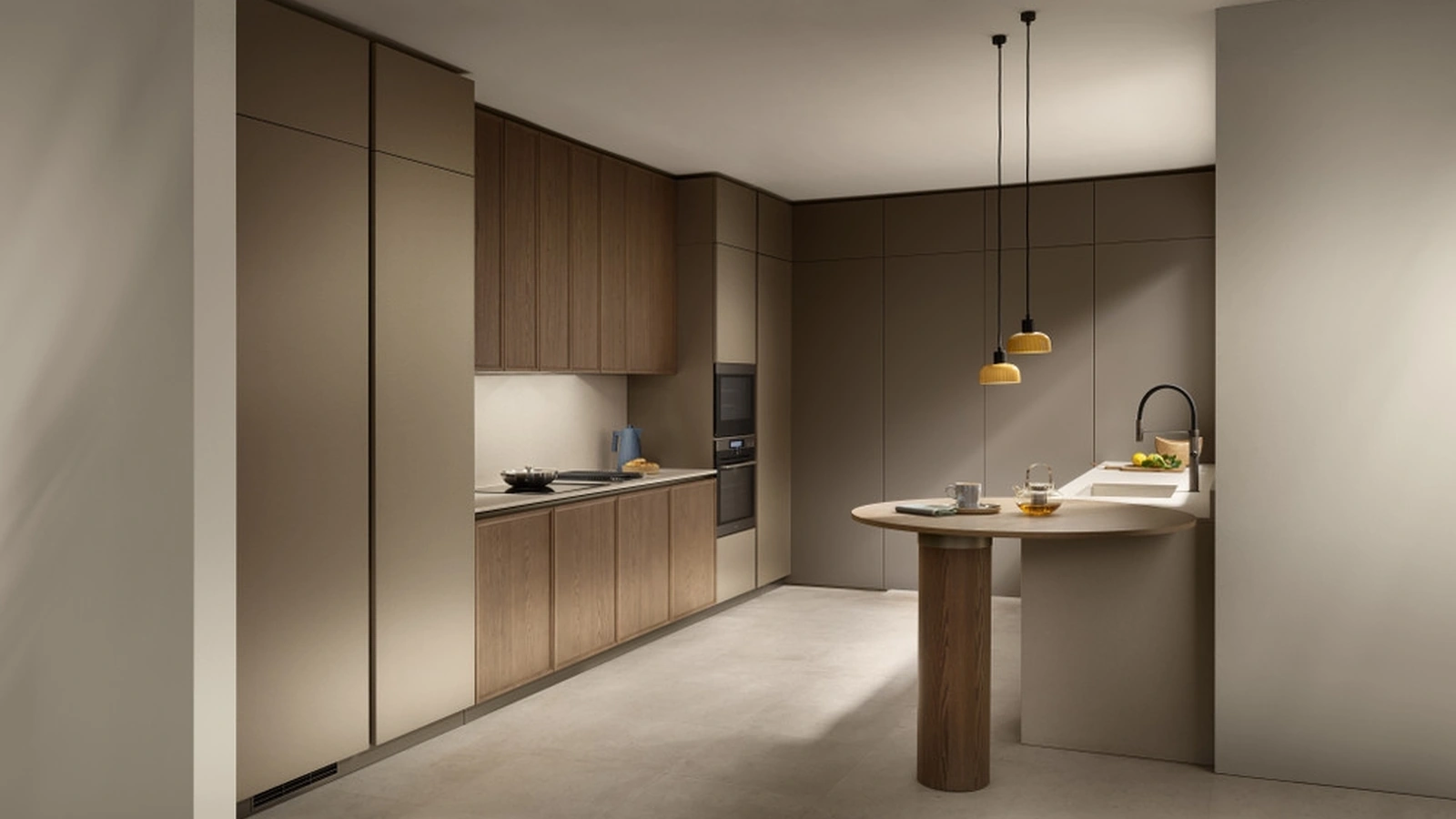 Cucina su misura con penisola Poetica 09 in Frassino, PET e laccato di Scavolini
