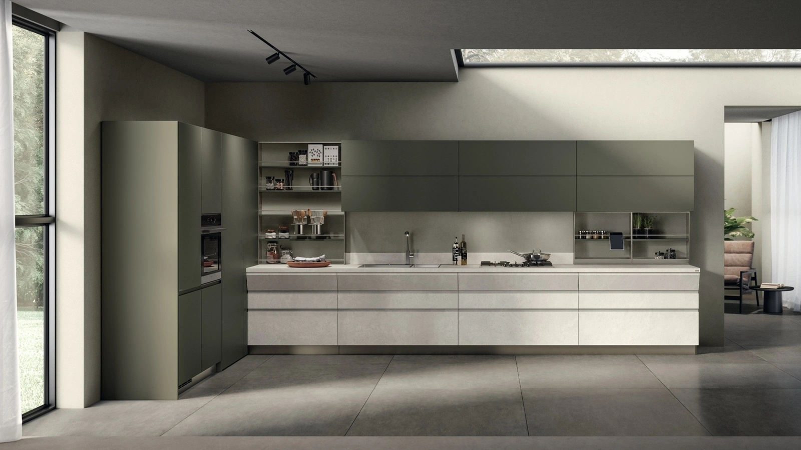 Cucina su misura Motus 05 in Pietra Solar e laccato opaco Verde Minerale di Scavolini